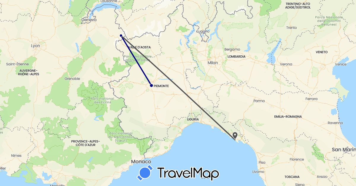 TravelMap itinerary: driving, motorbike in France, Italy (Europe)
